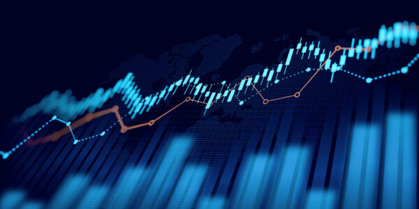 Financial chart with moving up arrow graph in stock market on blue color background